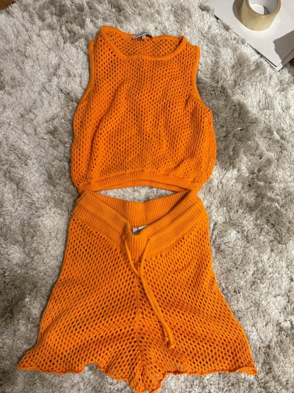 WeWoreWhat Orange Crochet Knit Matching Set | XS | Tank & Shorts